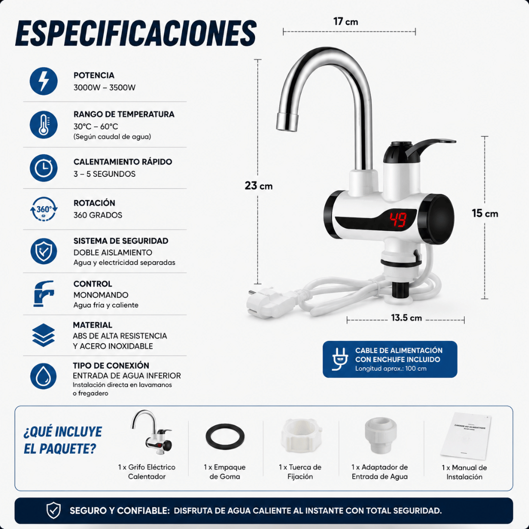 Grifo Calentador de Agua Eléctrico - Agua caliente al instante sin instalar un calefón