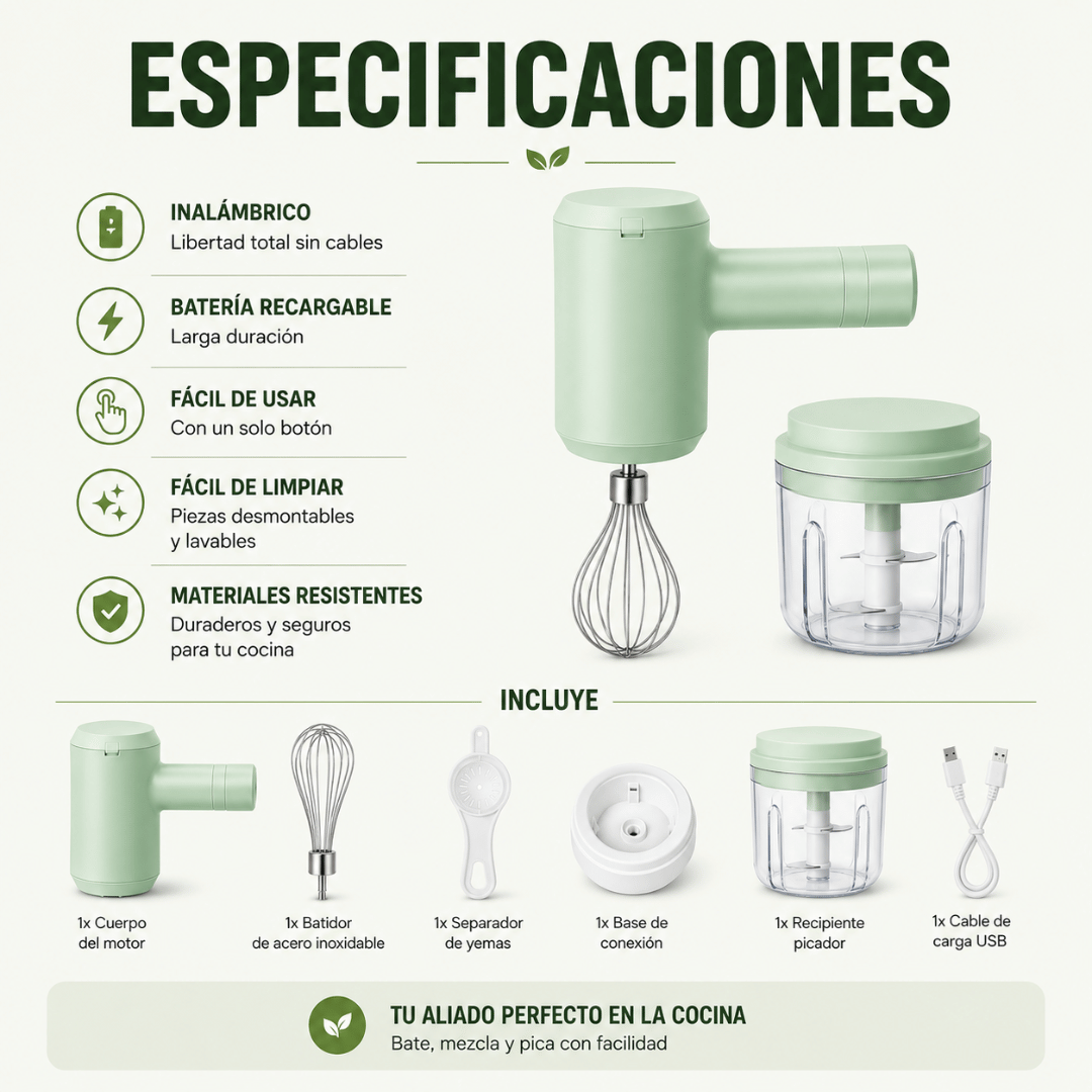 Batidora Eléctrica Inalámbrica 2 en 1 - Bate y pica tus preparaciones en segundos y sin esfuerzo