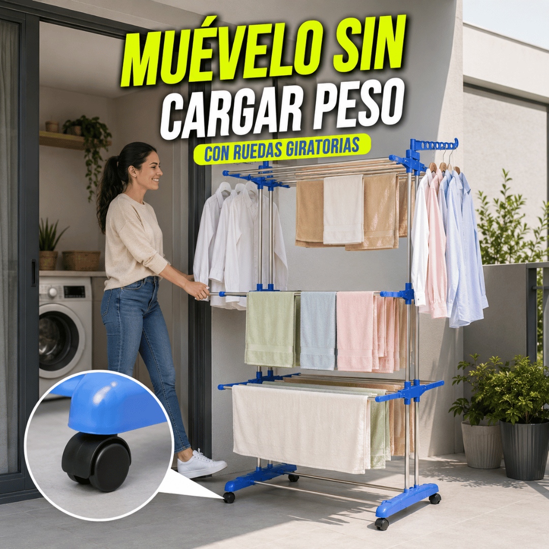 Tendedero Plegable 3 Niveles con Ruedas - Gana espacio y seca grandes cargas de ropa de forma práctica.