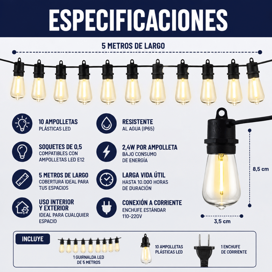 Set 10 Ampolletas 5 Metros Impermeables - Transforma tus espacios en ambientes cálidos y acogedores
