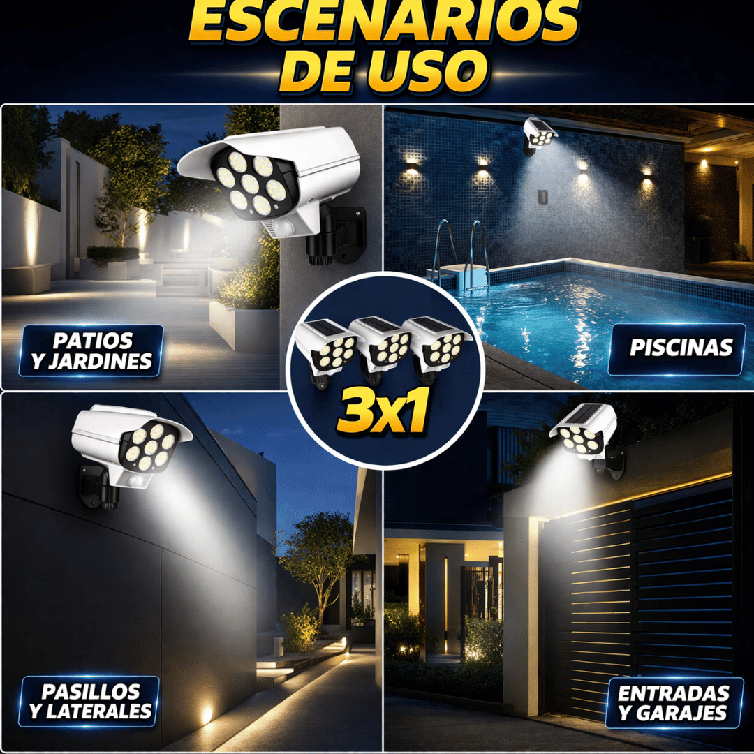 ¡Pack 3x1 Foco Solar! - Iluminación exterior que simula vigilancia y protege tu hogar