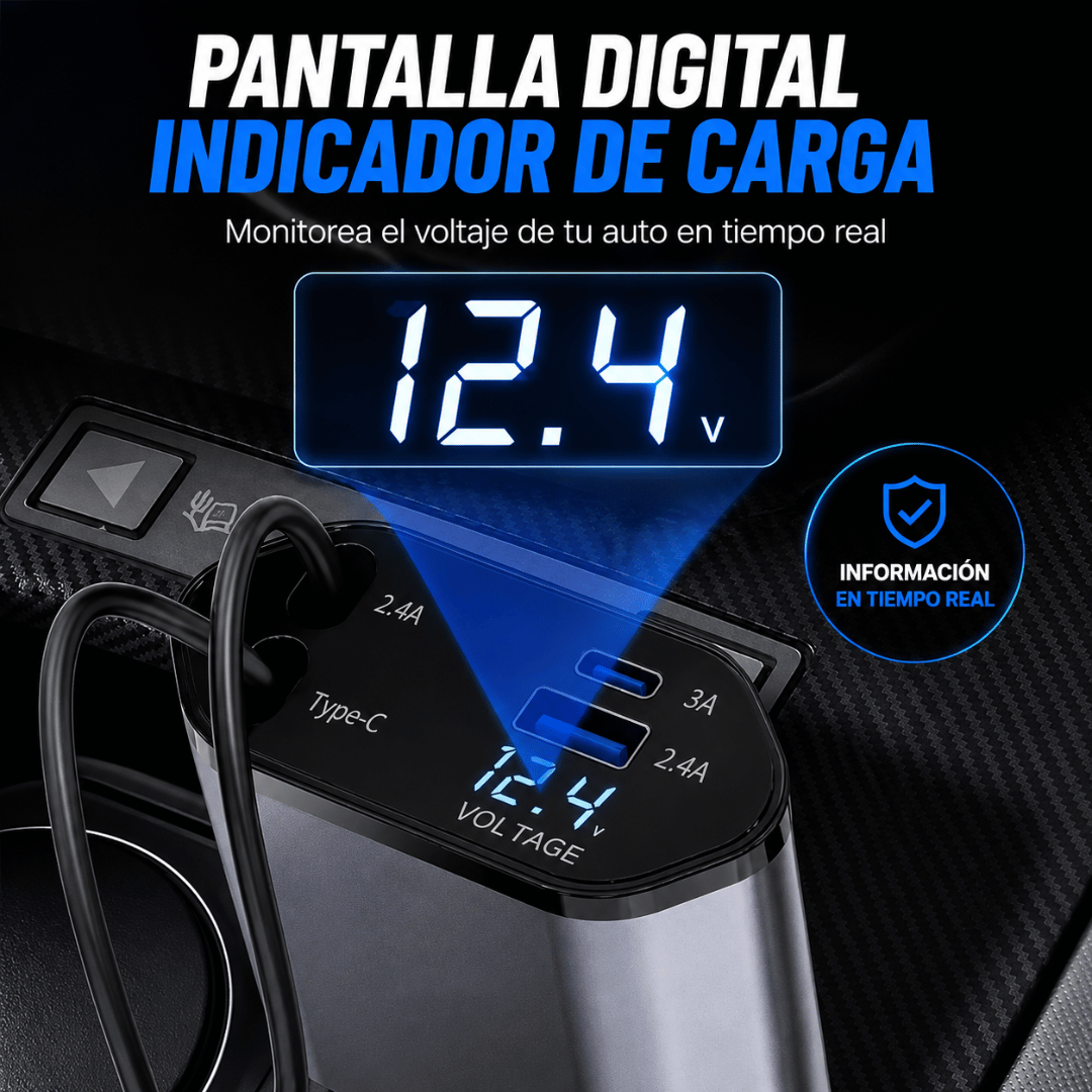 Cargador para Carro Retráctil 4 en 1 120W – Carga 4 Equipos Sin Cables Enredados
