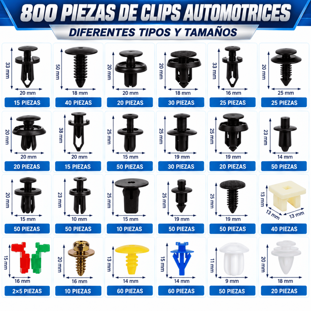 Kit 800 Clips y Sujetadores Para Auto - Soluciona piezas sueltas y renueva las fijaciones de tu auto