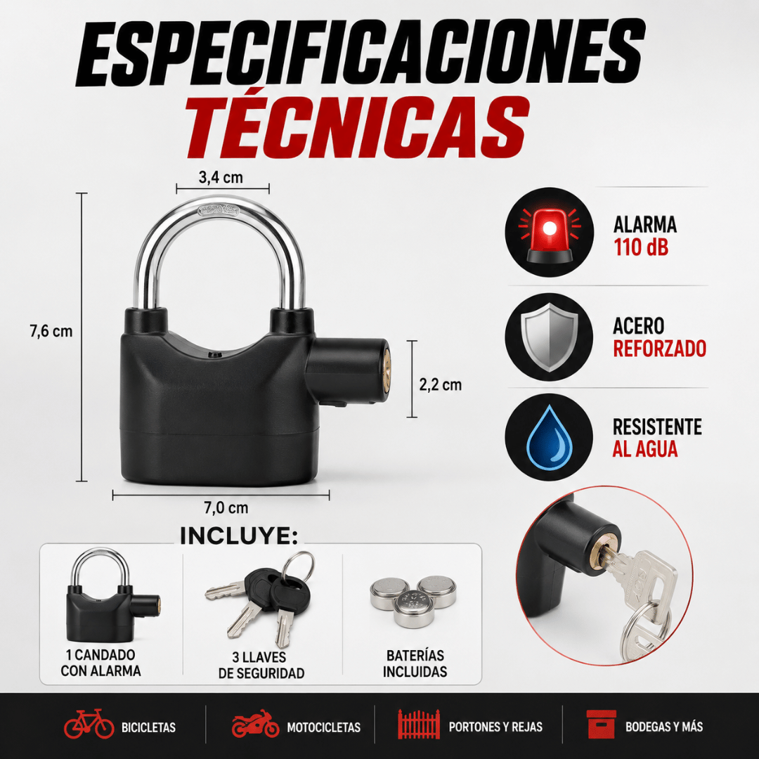 Candado Anti Robo con Alarma - Disuade intentos de robo desde el primer movimiento