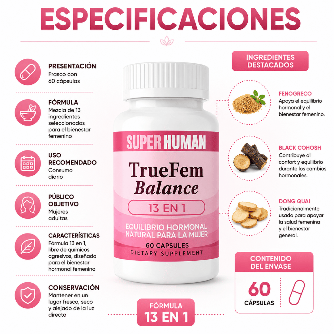 True Fem 60 Cápsulas - Apoyo diario para mantener tu equilibrio hormonal natural