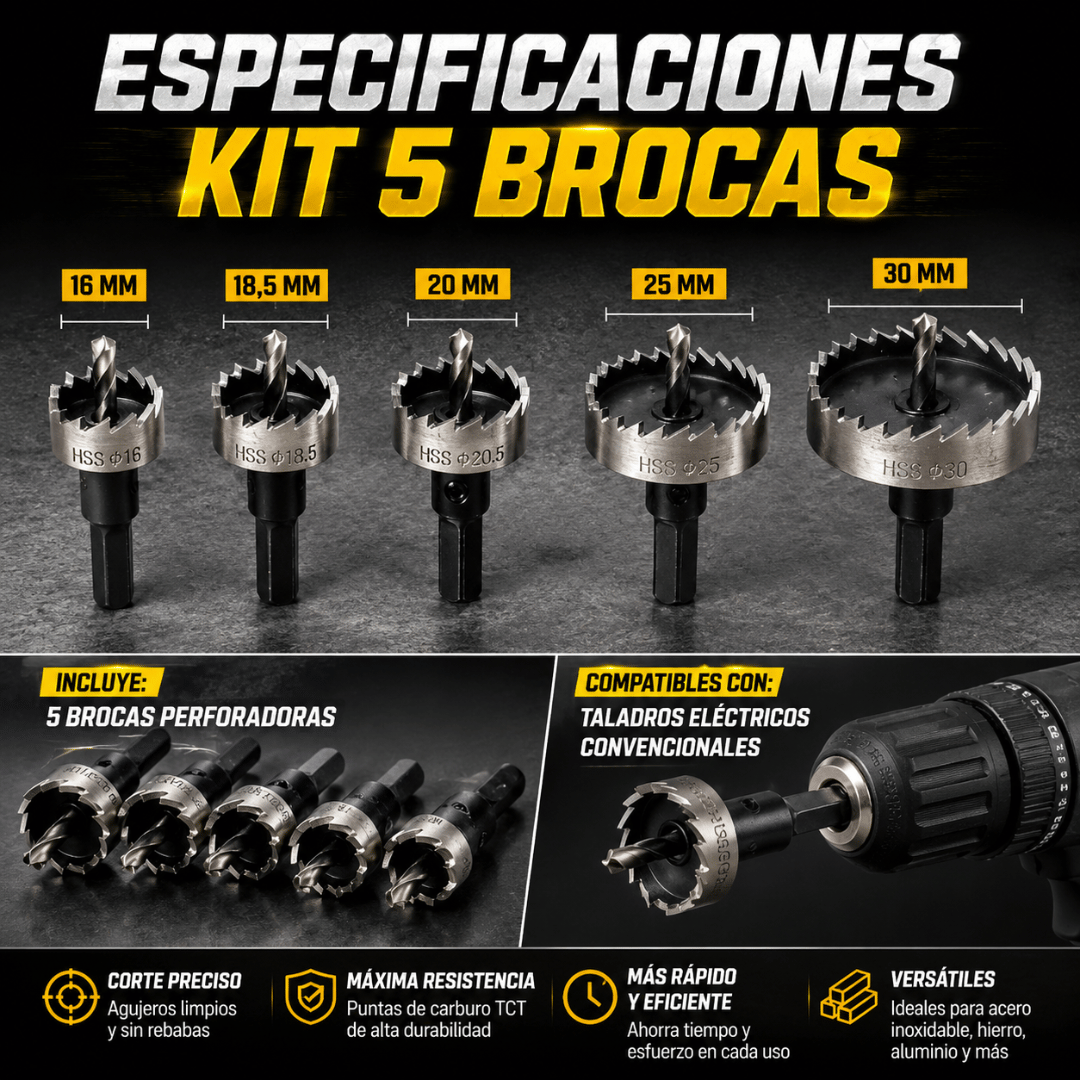 Kit 5 Brocas Perforadoras - Perfora metales duros con mayor facilidad y precisión