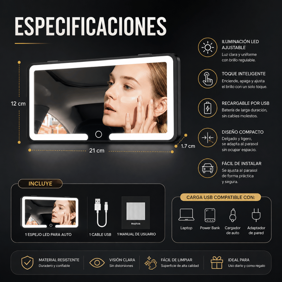 Espejo De Maquillaje LED Auto - Iluminación ideal para maquillarte en el auto