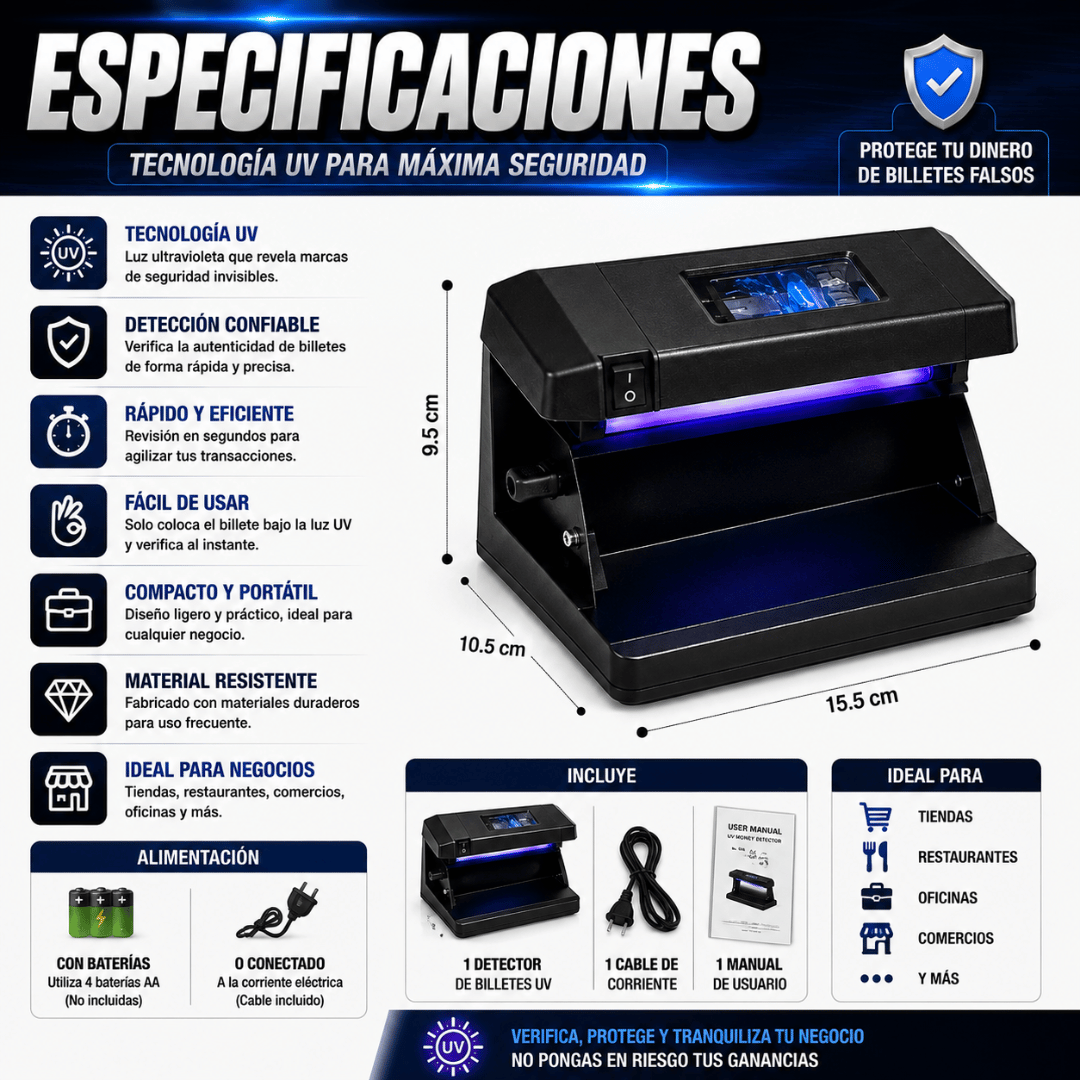 Detector de Billetes Falsos Luz UV - Verifica tus billetes y protege cada venta