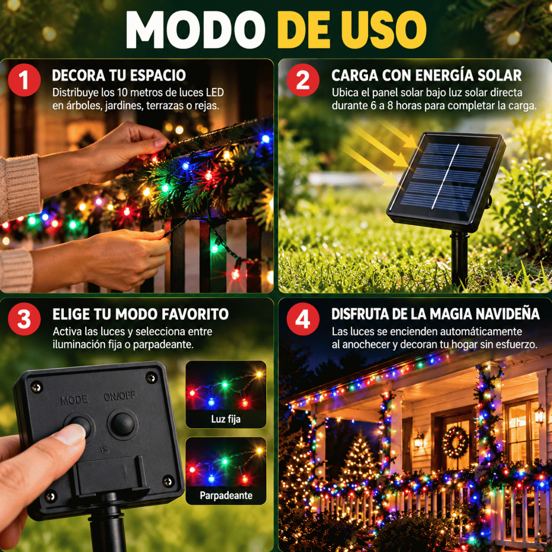 Guirnalda Solar 100 LED de 10 Metros Multicolor - Ilumina tus noches navideñas sin aumentar tu cuenta de luz
