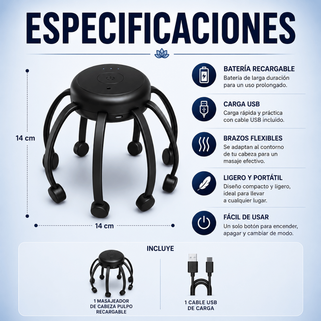 Masajeador De Cabeza Pulpo Recargable - Disfruta un masaje relajante para desconectar del estrés diario