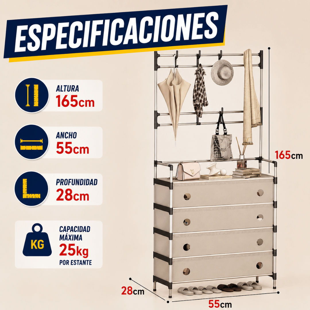Perchero Organizador 3 en 1 - Organiza zapatos, abrigos y accesorios en un solo lugar