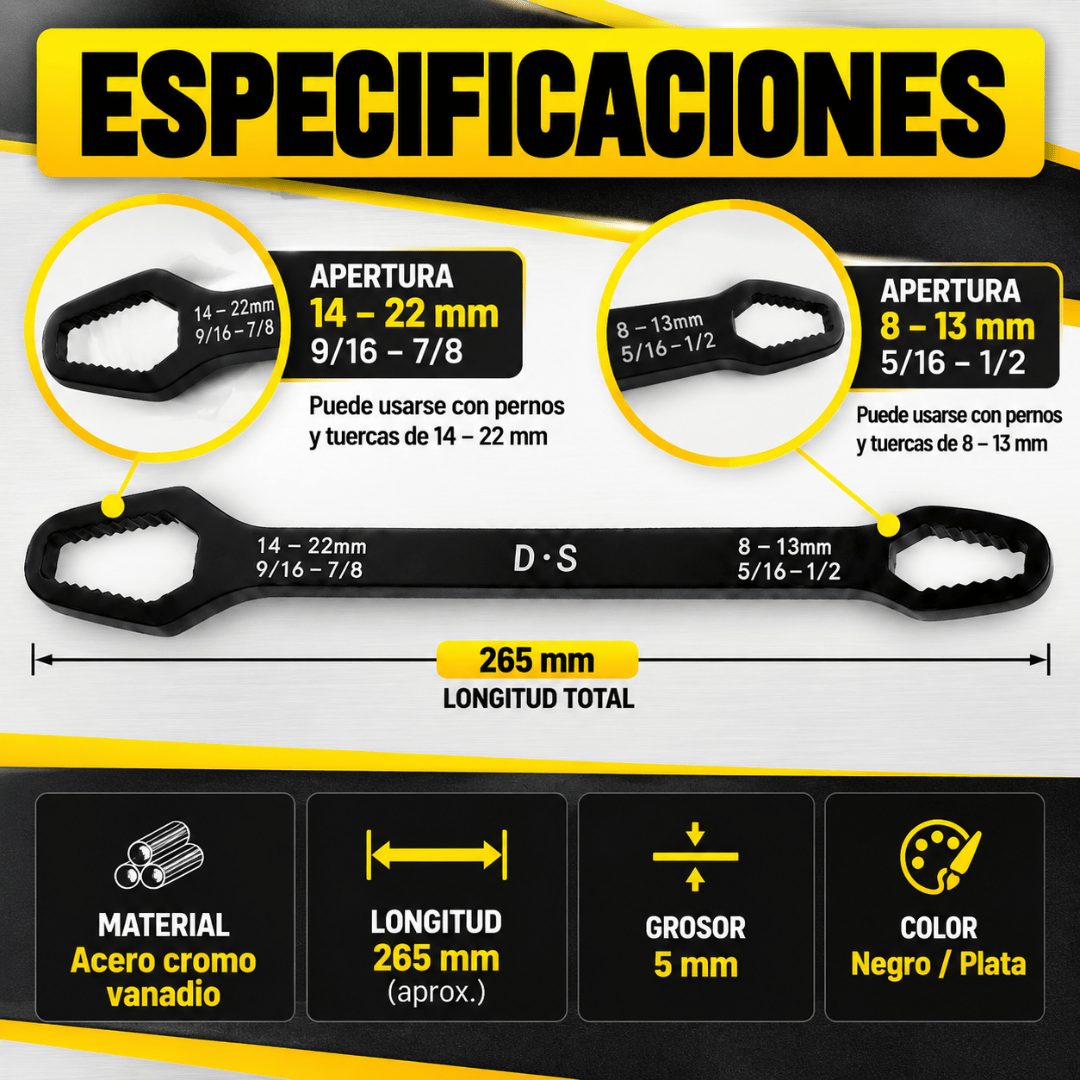 Llave Universal Ajustable 2 Cabezales - Ajuste automático para diferentes tuercas y tornillos