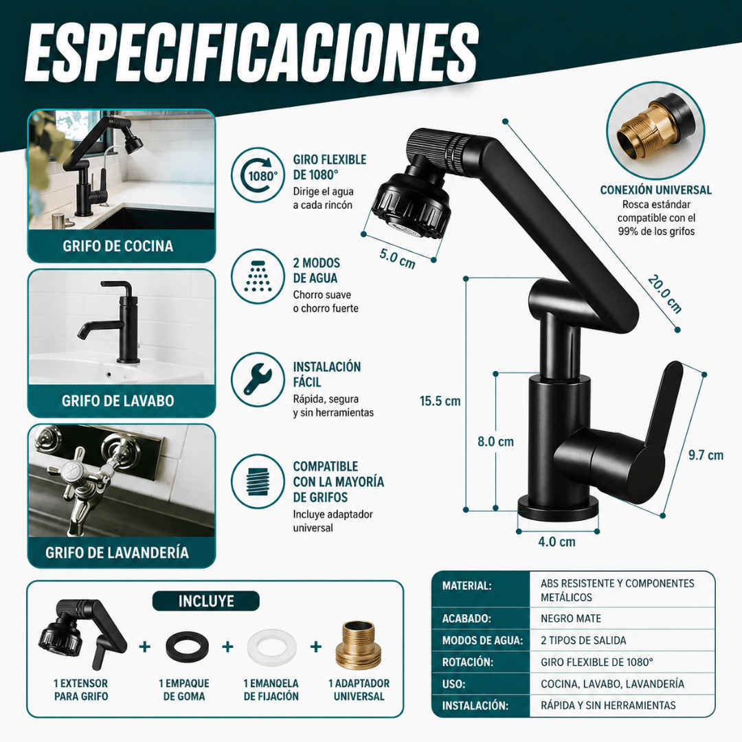 Grifo 1080° De Cocina - Más alcance y control del agua para una limpieza cómoda
