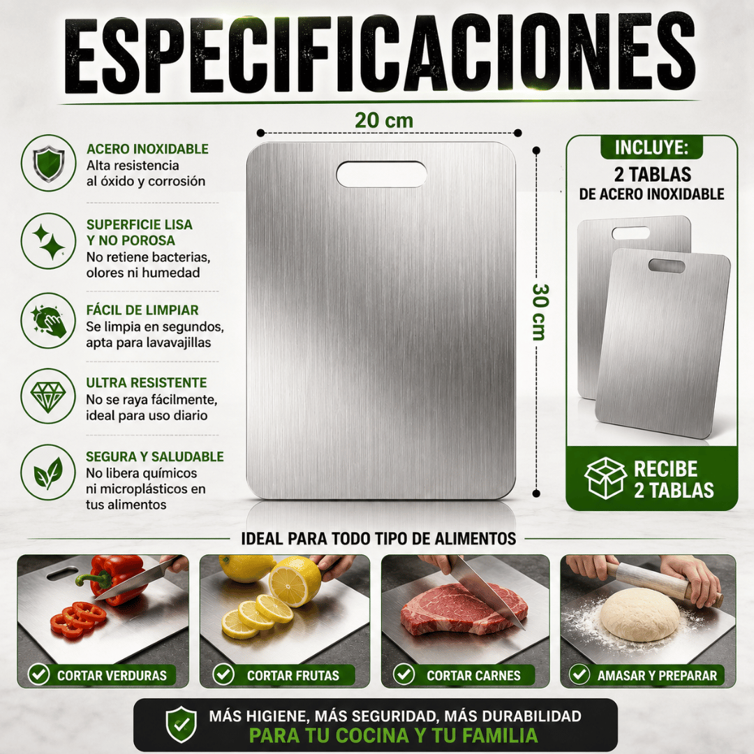 ¡Promo 2x1 Tablas de Picar Grado Alimenticio de Acero Inoxidable! - Superficie de acero higiénica, resistente y fácil de limpiar