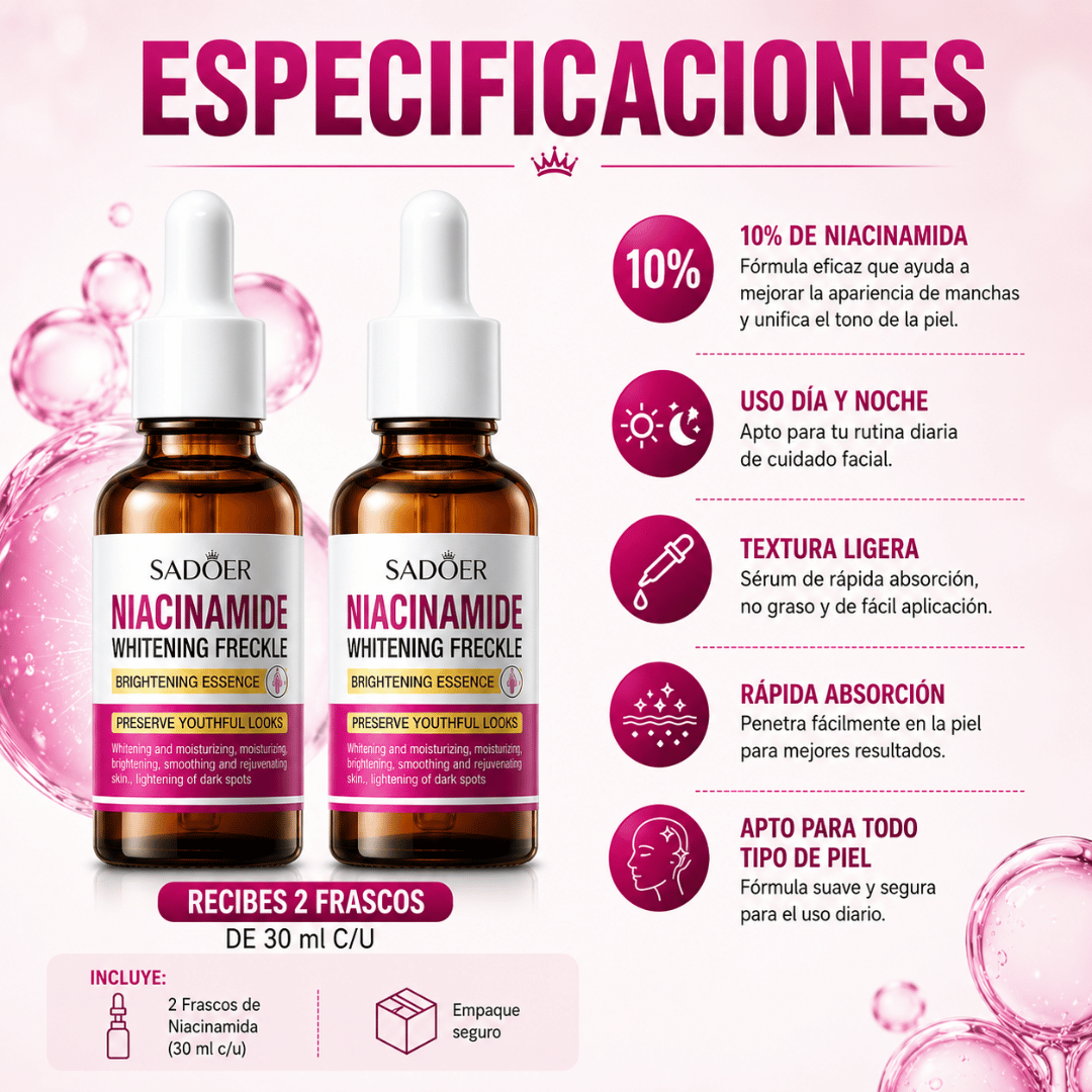 ¡Promo 2x1 Serum Aclarante Niacinamida Sadoer 30ml! - Ayuda a mejorar la apariencia de las manchas visibles del rostro