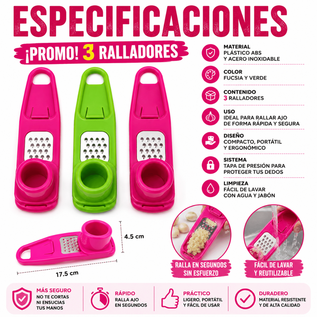 ¡Pack 3 Mini Rayadores de Ajo! - Raya ajo en segundos sin ensuciar tus manos