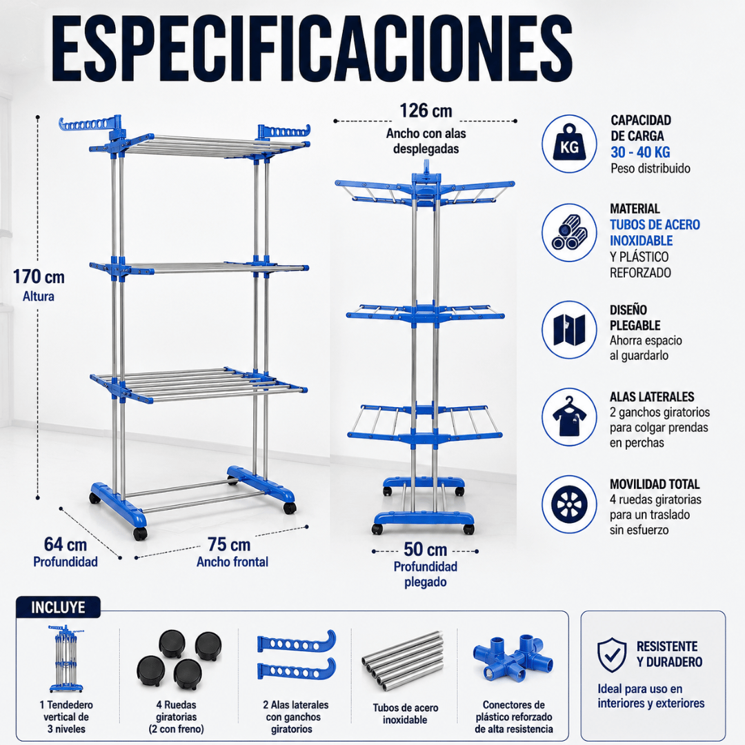 Tendedero Plegable 3 Niveles con Ruedas - Gana espacio y seca grandes cargas de ropa de forma práctica.