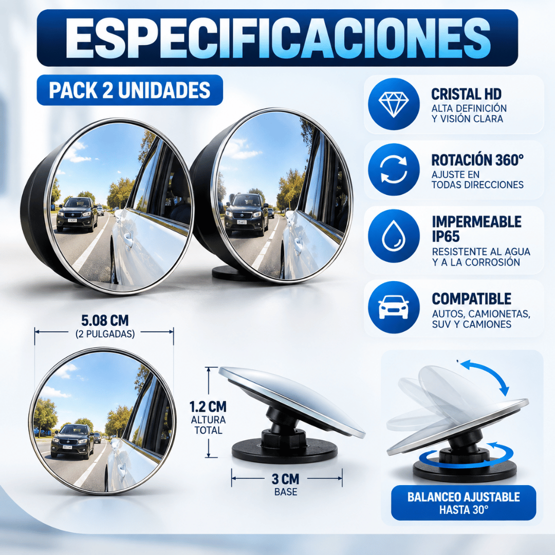 Set De 2 Espejos Convexos Para Puntos Ciegos - Conduce con mayor seguridad y visibilidad en cada trayecto
