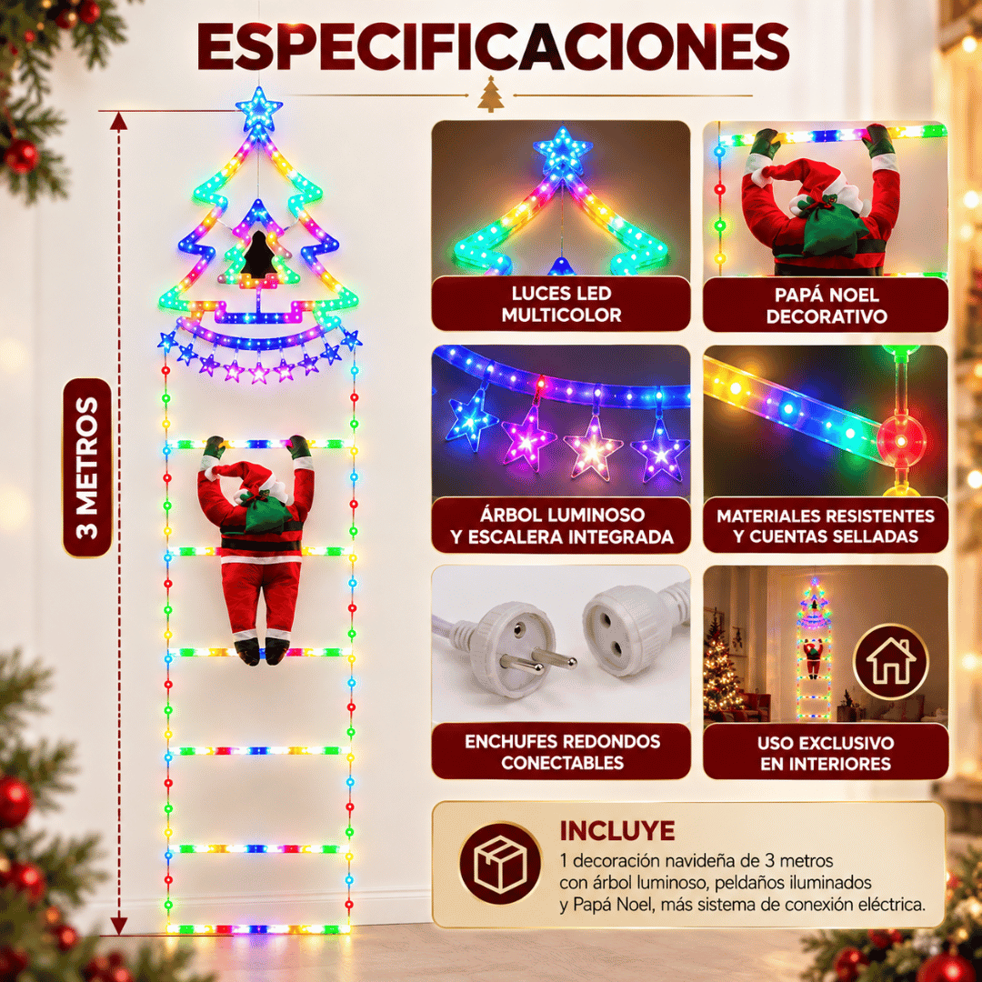 Luces LED Escalera Navidad + Papá Noel - Dale un toque mágico y luminoso a tu decoración navideña