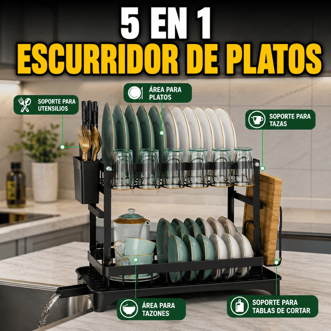 Escurridor de Platos 2 Niveles con Drenaje - Duplica el Espacio y Mantén tu Cocina Siempre Ordenada