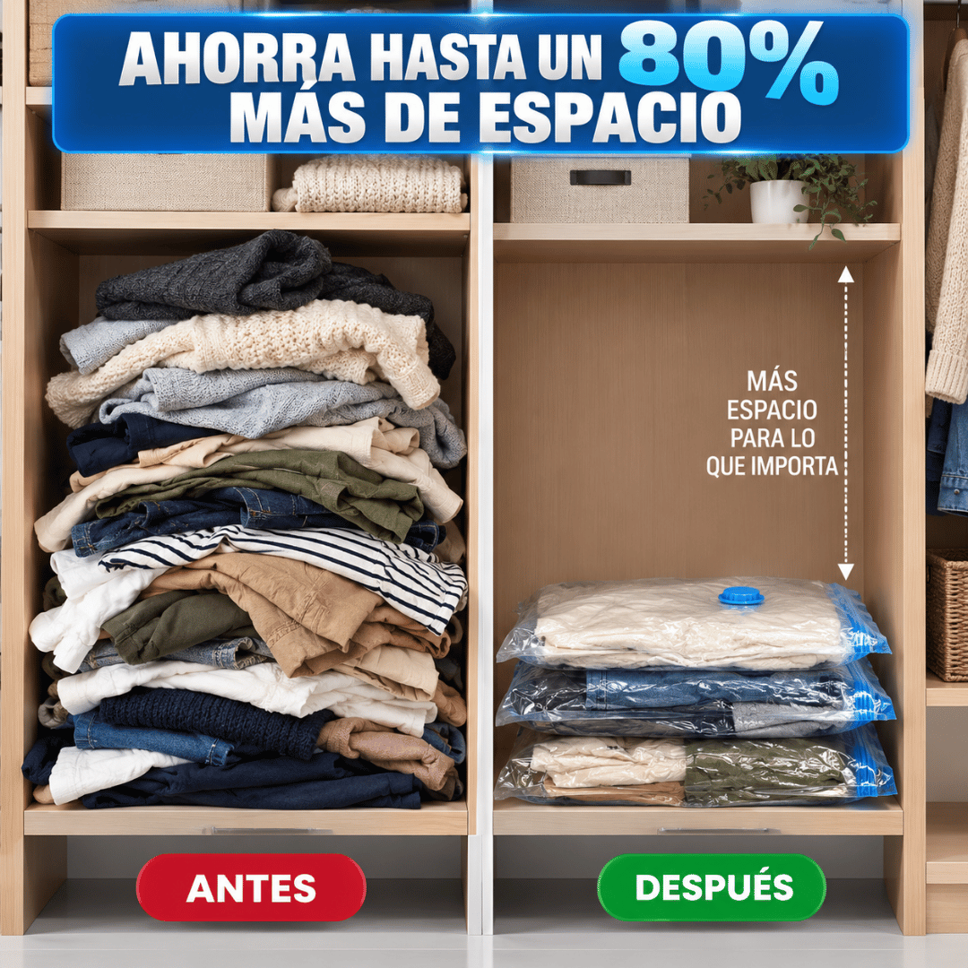 Pack 5 Bolsas De Vacío + Bombín - Más espacio en tu clóset comprimiendo ropa y textiles