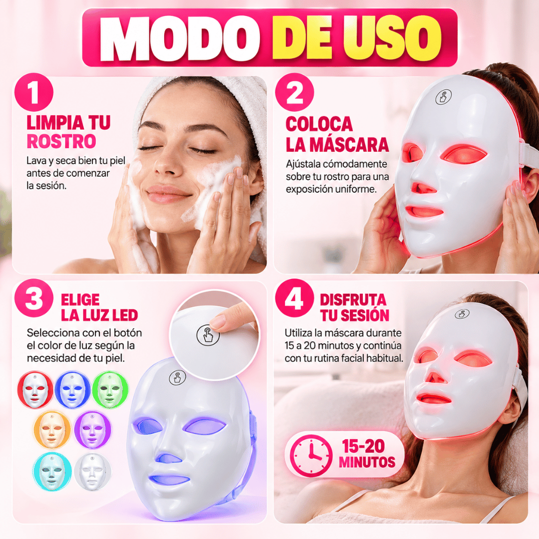 Máscara Facial Led 7 Colores - Fototerapia LED para una piel más firme y luminosa