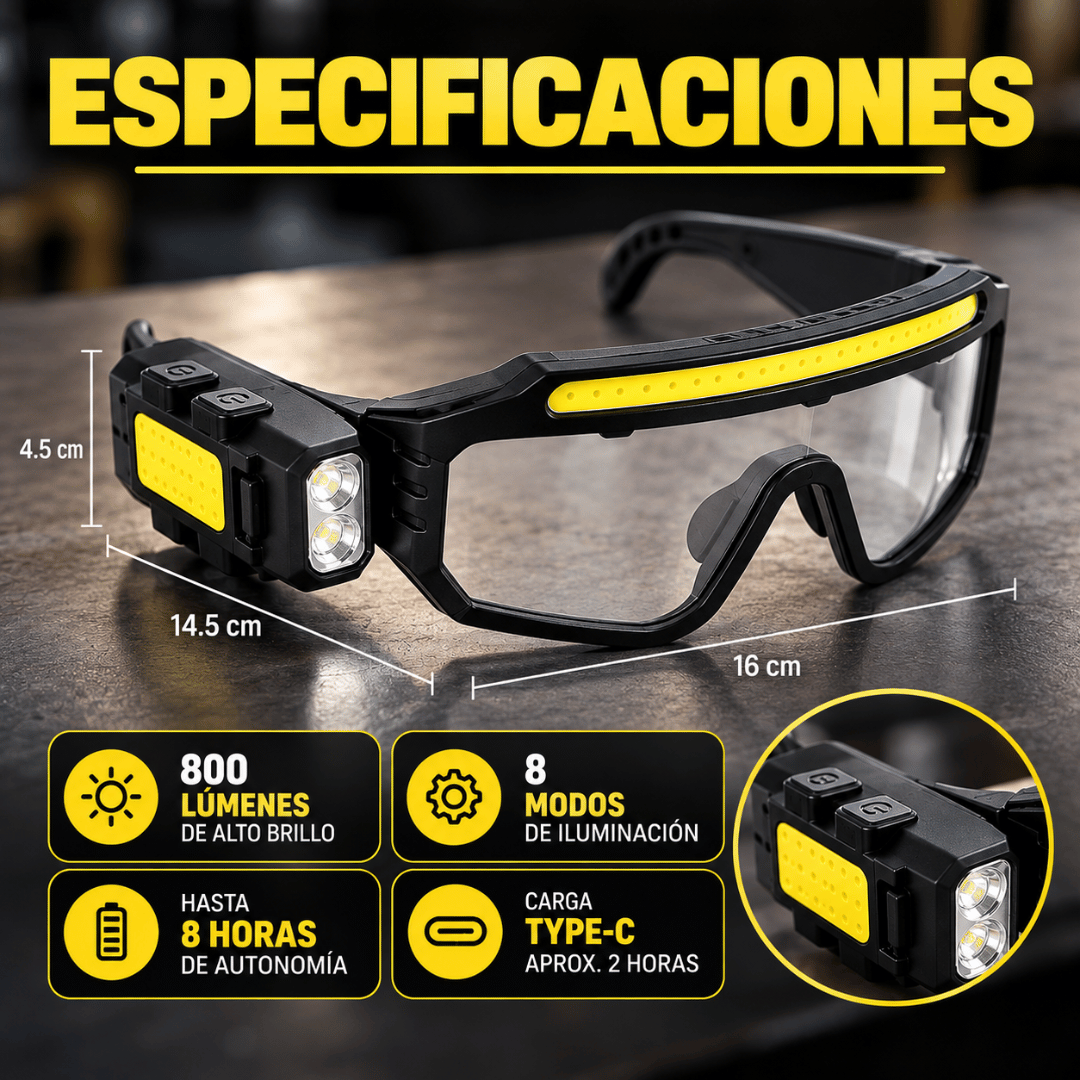 Gafas Seguridad Luz LED Inteligentes - Mayor visibilidad en espacios oscuros mientras trabajas
