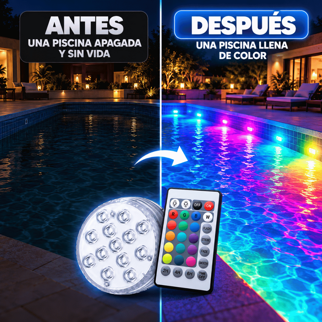 ¡Promo 2x1 Luces Sumergibles LED + Control! - Transforma tu piscina de noche con iluminación RGB llena de color