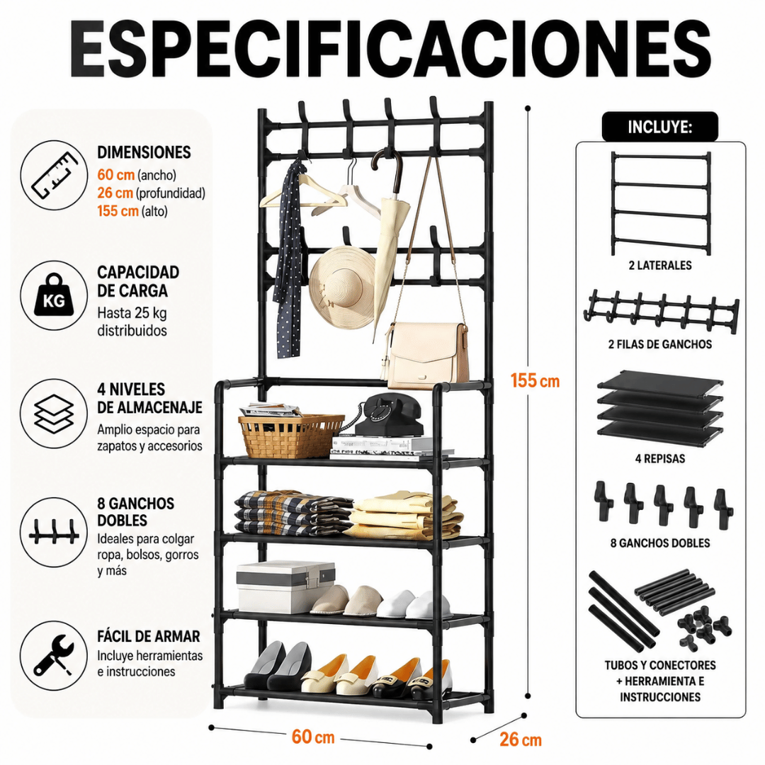 Perchero Multiuso Organizador 4 Niveles - Organiza zapatos, chaquetas y accesorios en un solo lugar