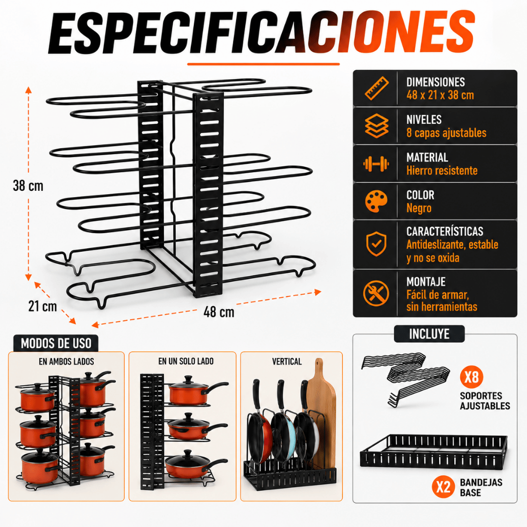 Organizador Ollas Y Sartenes Ajustable - Mantén tus ollas y sartenes ordenadas y fáciles de encontrar