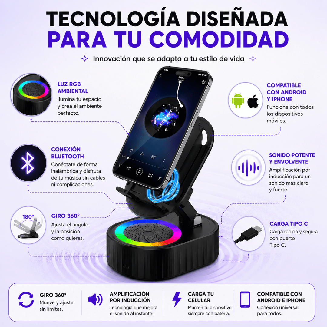 Soporte Parlante Inteligente de Inducción/Bluetooth - Disfruta tu música por inducción o Bluetooth en segundos