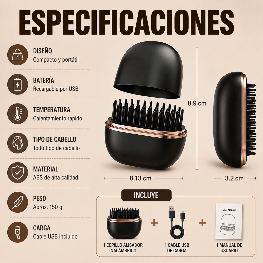 Mini Cepillo Alisador Recargable - Alisa y retoca tu cabello donde quieras, sin depender de enchufes