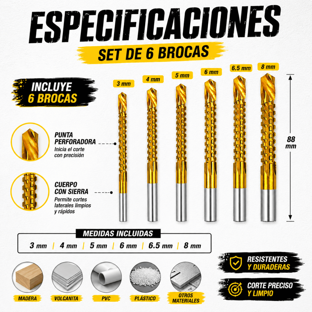 Set 6 Brocas de Sierra Dentada - Perfora y realiza cortes laterales con la misma broca