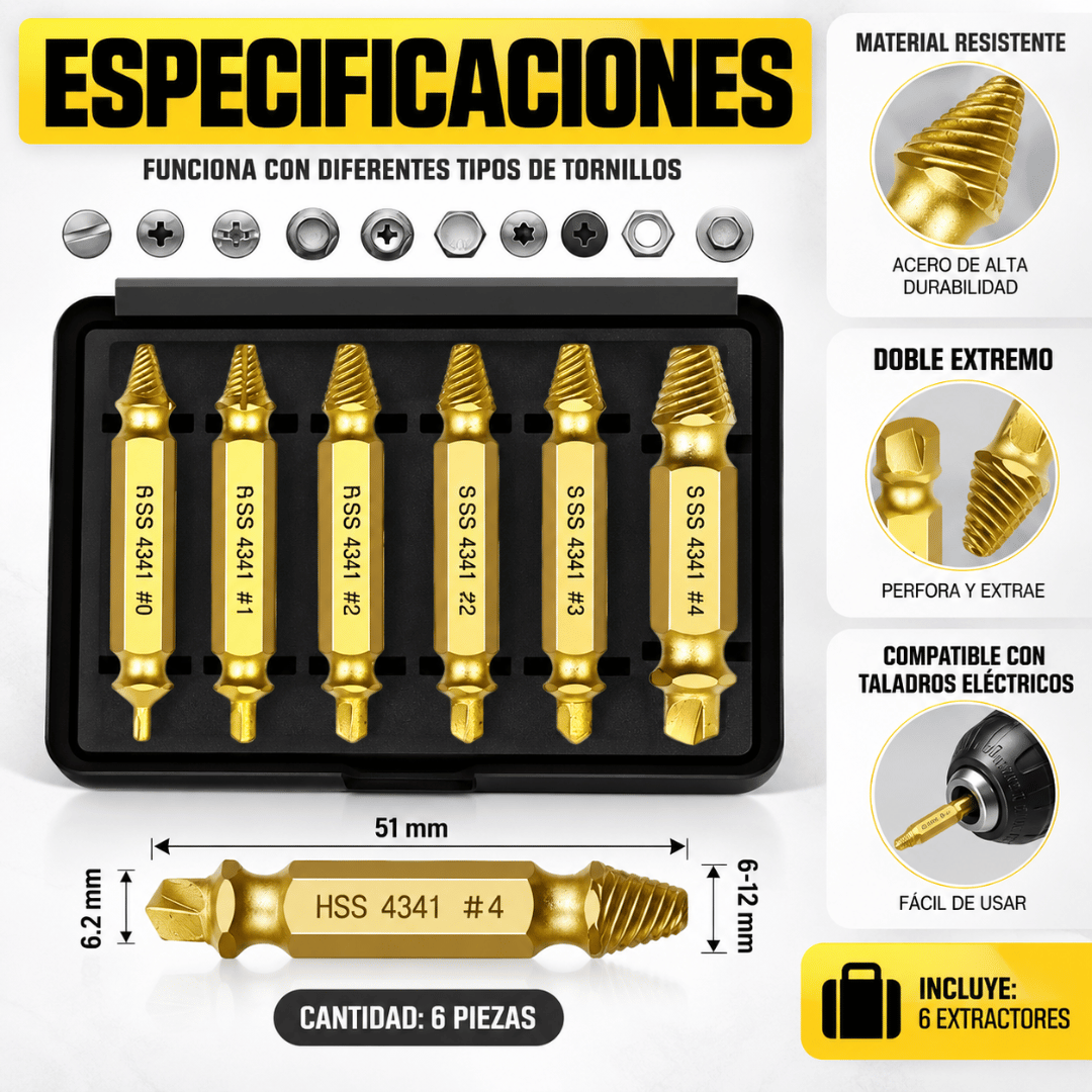 Kit Extractor Tornillos y Pernos Rotos - Extrae tornillos difíciles de retirar de forma sencilla
