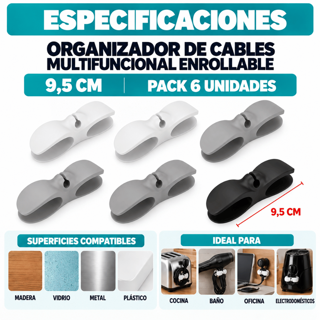 Organizador de Cables Pack 6 Unidades - Mantén los cables recogidos y fuera del alcance de los niños