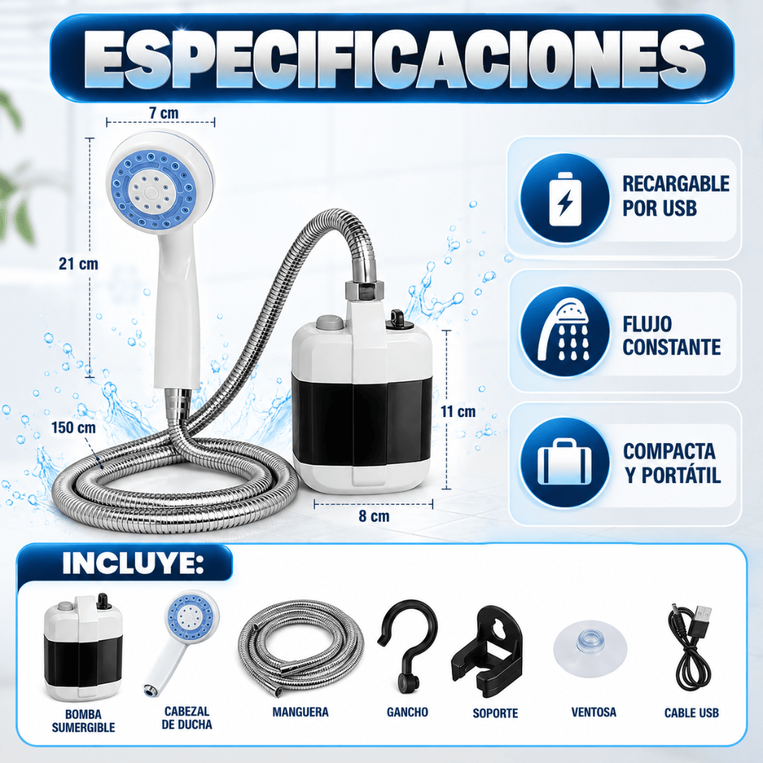Ducha Portátil Recargable - Báñate fácilmente en casa cuando el suministro de agua se interrumpe