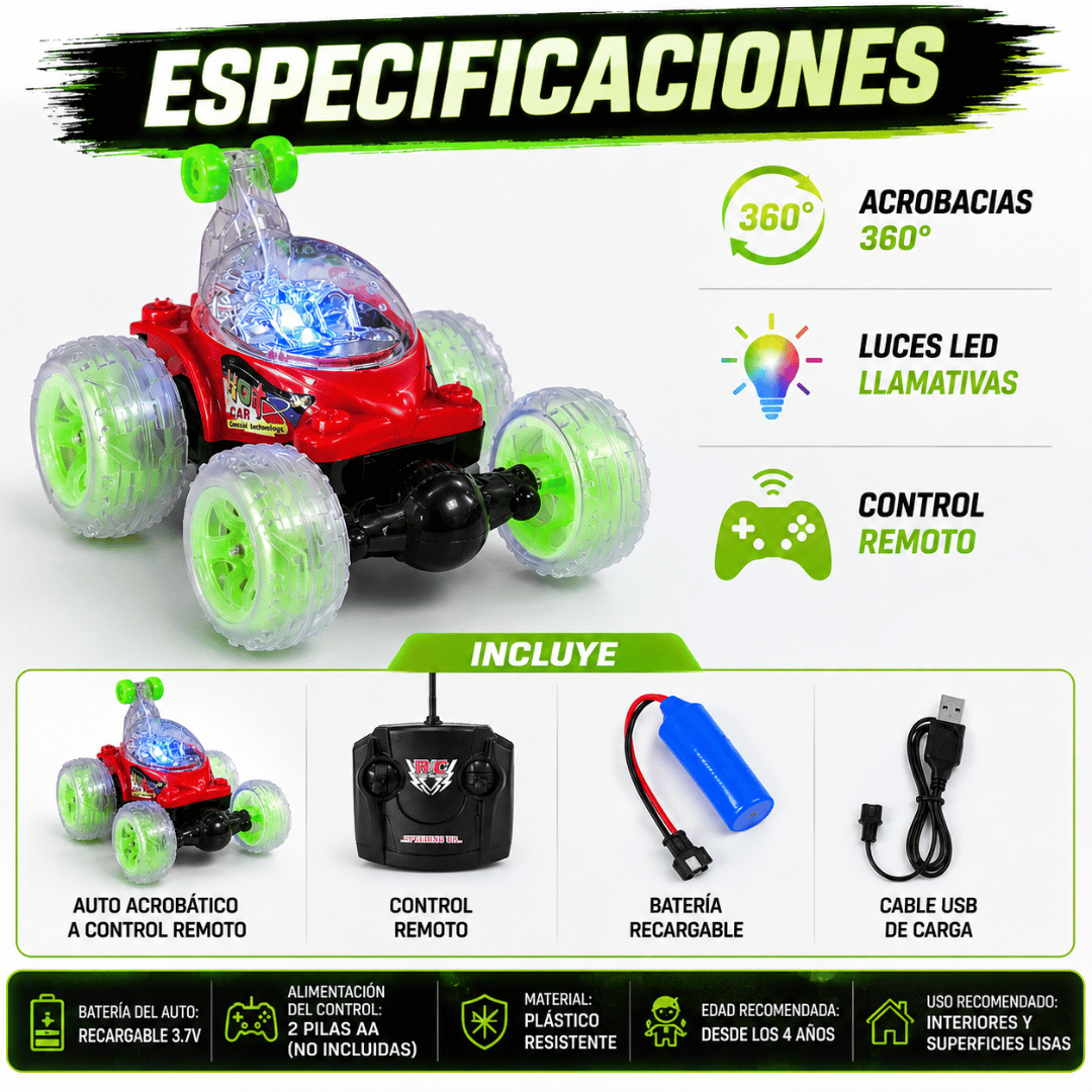 Auto Control Remoto Acrobatico LED - ¡El Regalo Perfecto para el día del niño!