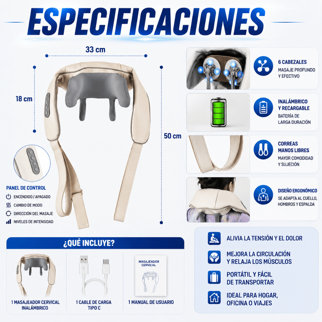 Masajeador Inalámbrico de Cuello y Hombros - Reduce la tensión cervical desde la comodidad de tu hogar