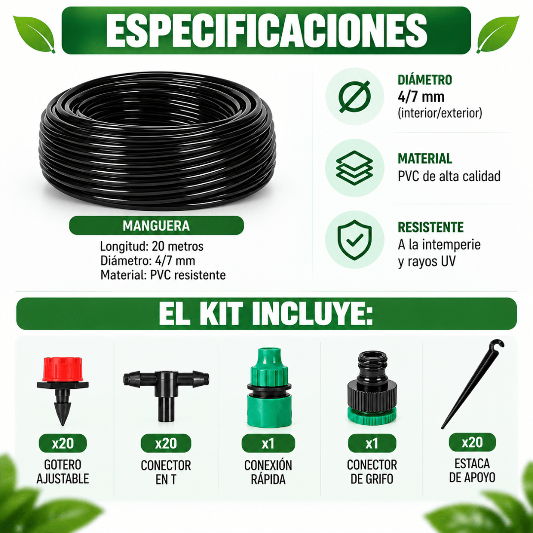 Kit de Riego por Goteo 20 Metros - Riego práctico para mantener tus plantas hidratadas sin esfuerzo