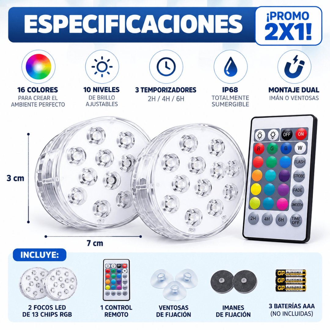 ¡Promo 2x1 Luces Sumergibles LED + Control! - Transforma tu piscina de noche con iluminación RGB llena de color