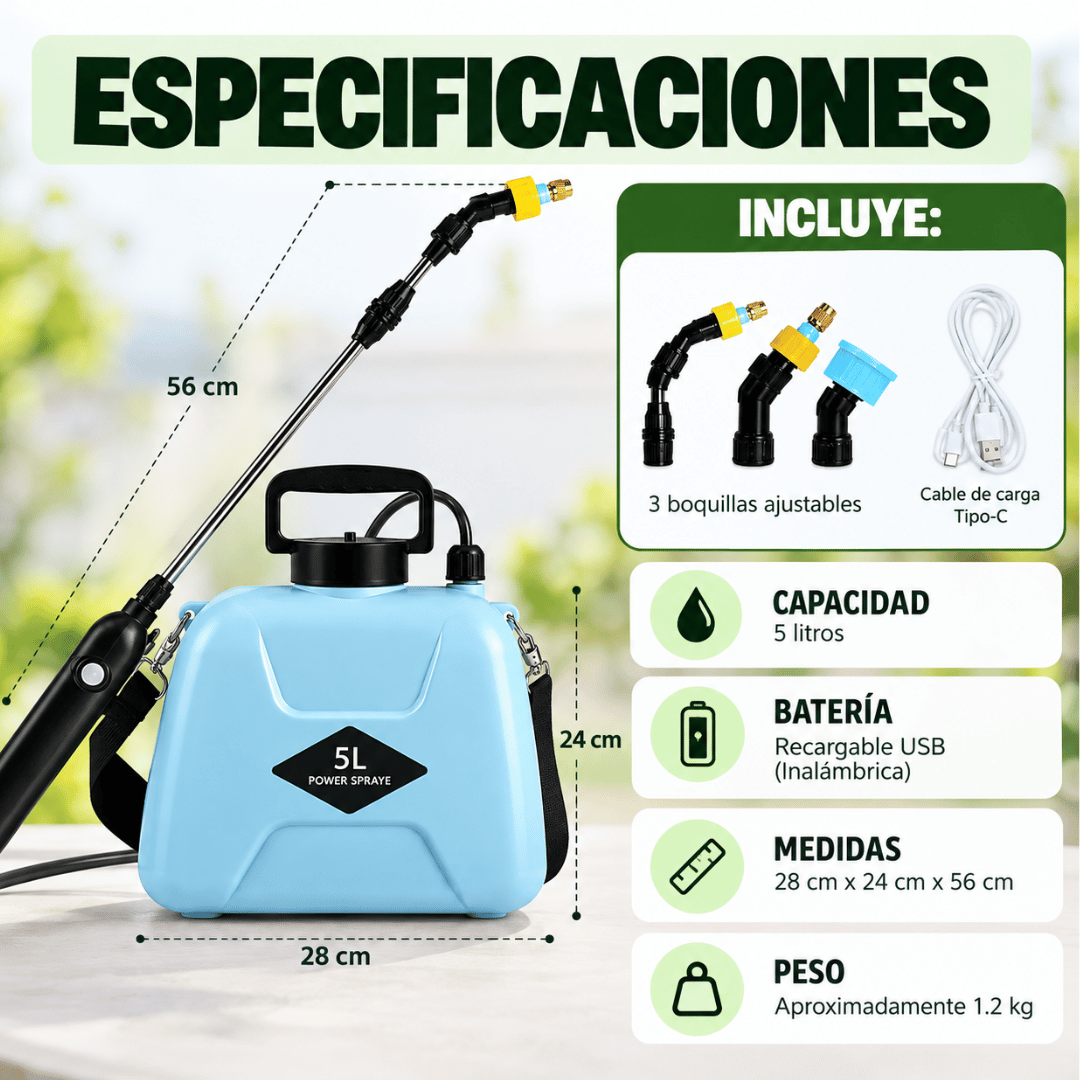 Pulverizadora de Agua Eléctrico Profesional 5 Litros - Riega tus plantas de forma práctica, rápida y sin esfuerzo manual