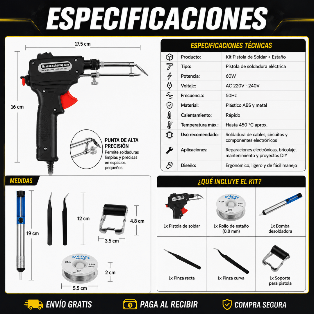Kit Pistola de Soldar + Estaño - Todo lo que necesitas para soldar y reparar en un solo kit