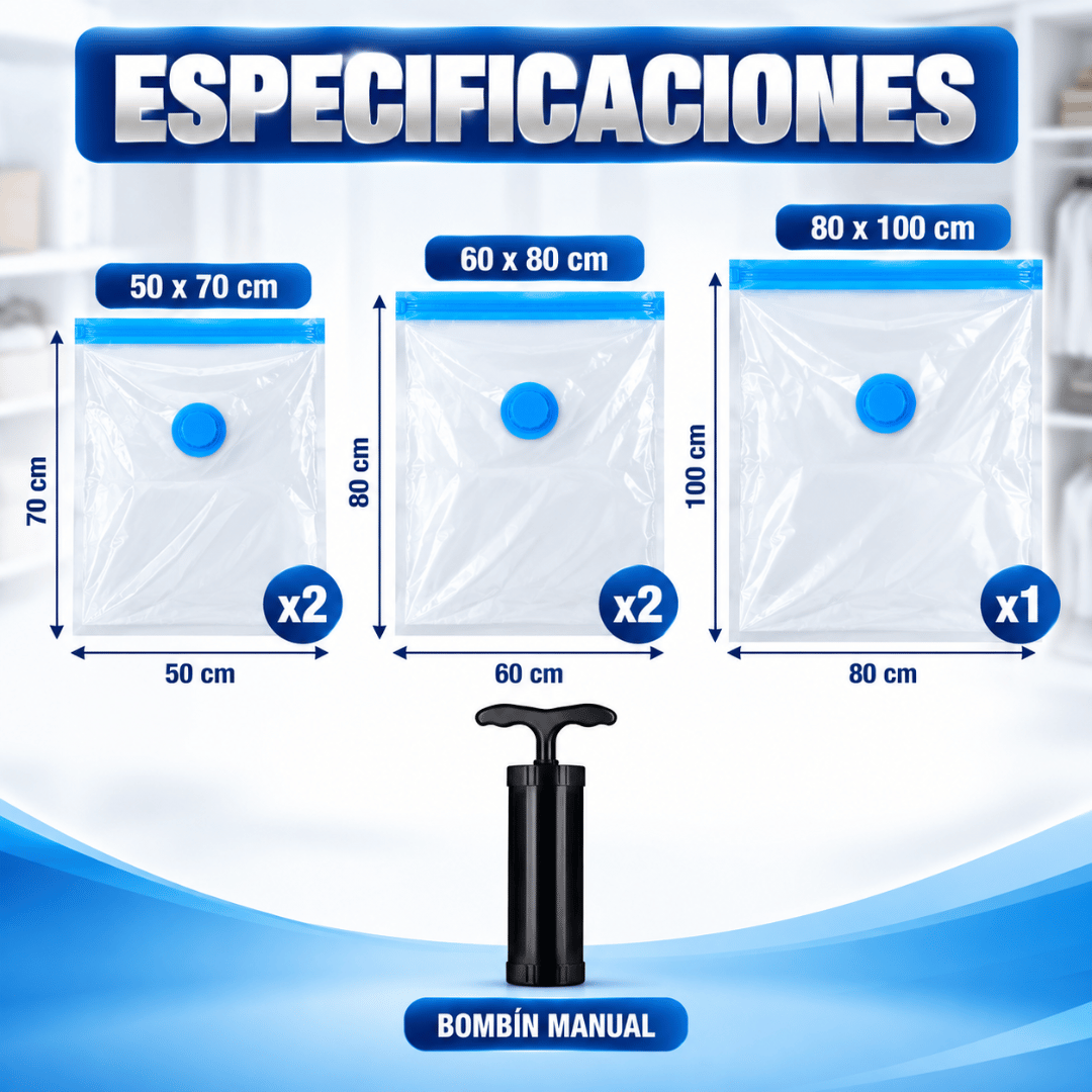 Pack 5 Bolsas De Vacío + Bombín - Más espacio en tu clóset comprimiendo ropa y textiles