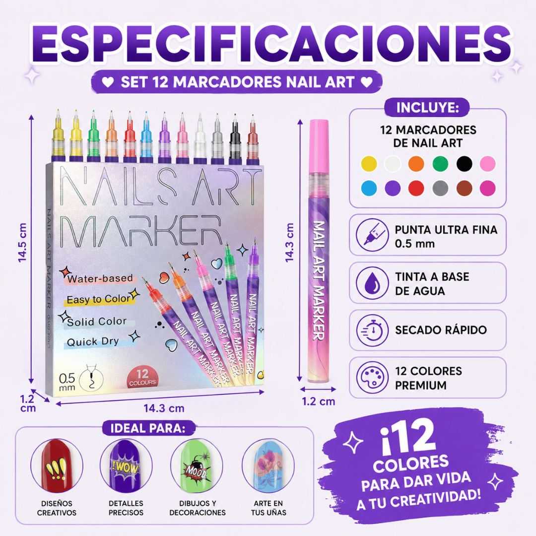 Set 12 Marcadores para Uñas Nail Art - Crea diseños de uñas fácilmente mientras se divierten juntas