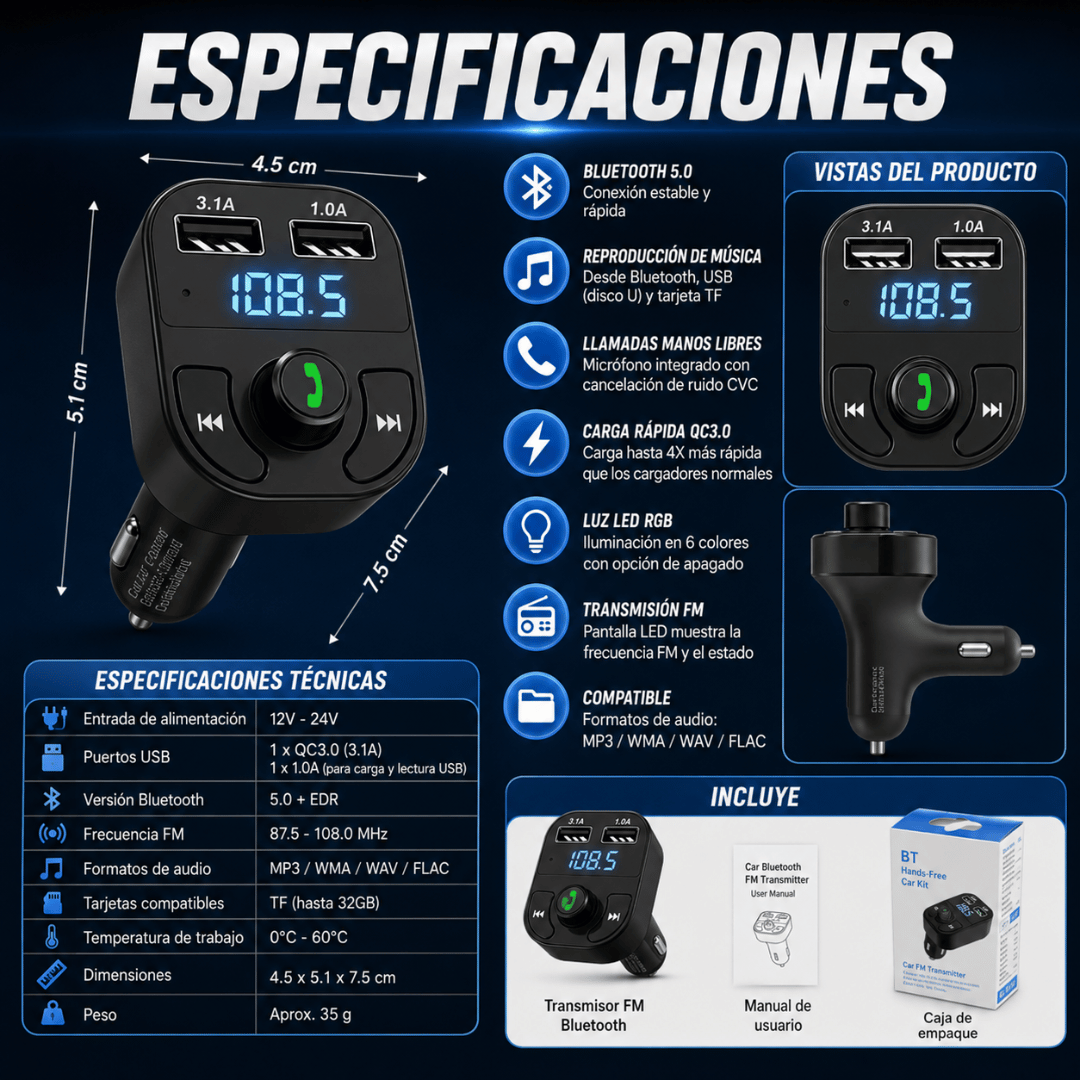 Transmisor Bluetooth para Autos - Actualiza tu auto antiguo en segundos y sin instalaciones complicadas