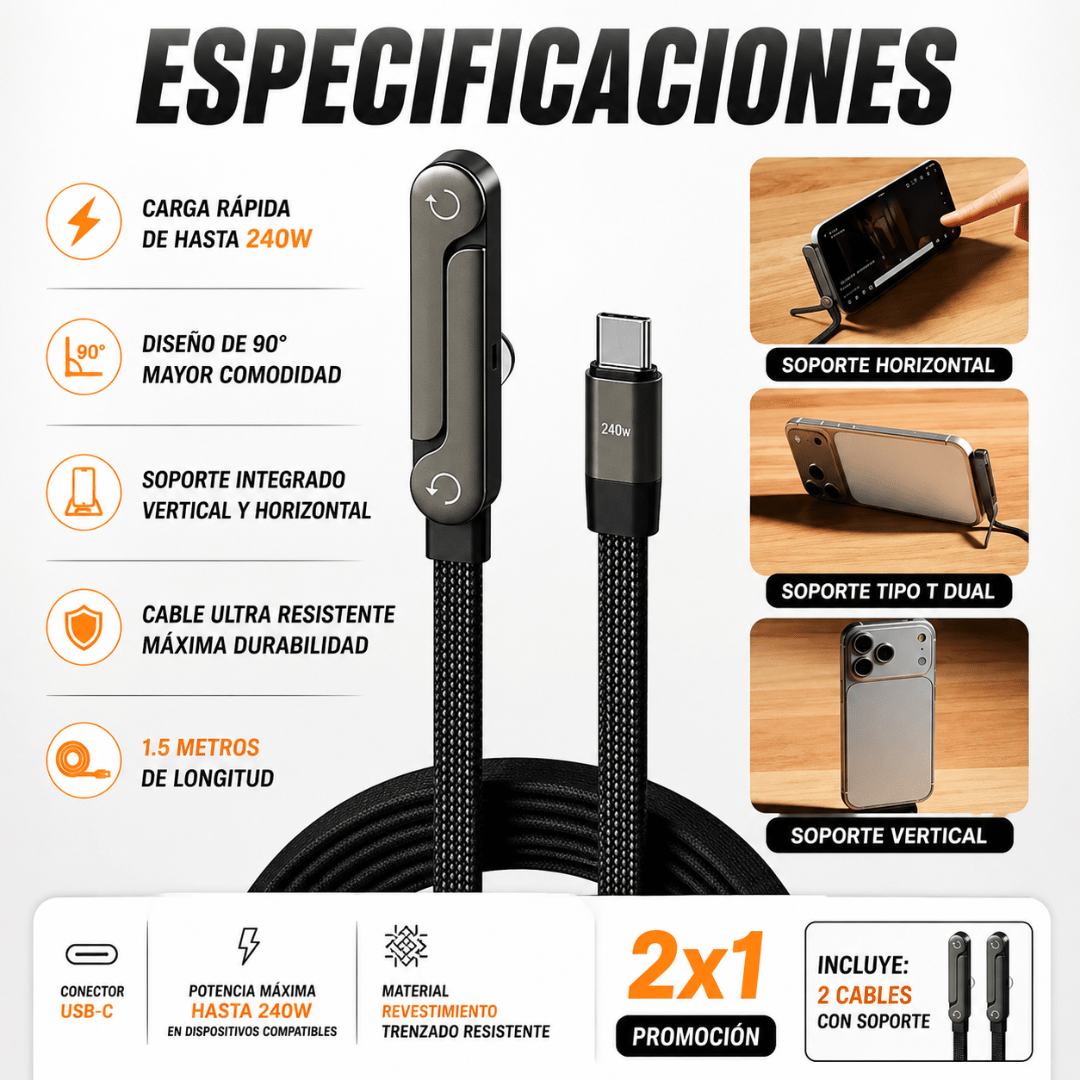¡Promo 2x1 Cargador Rápido 240W Con Soporte Integrado! - Carga tu dispositivo mientras lo mantienes cómodamente apoyado