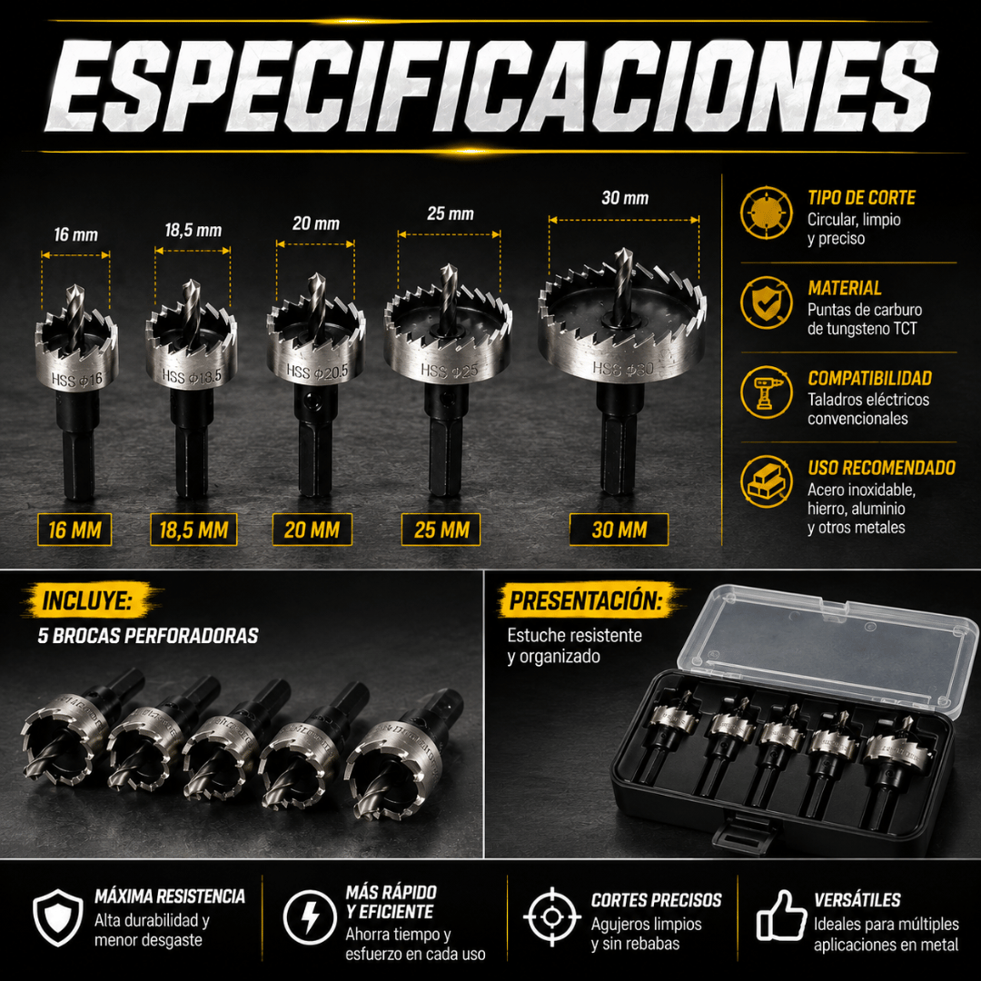 Kit 5 Brocas Perforadoras - Perfora metales duros con mayor facilidad y precisión