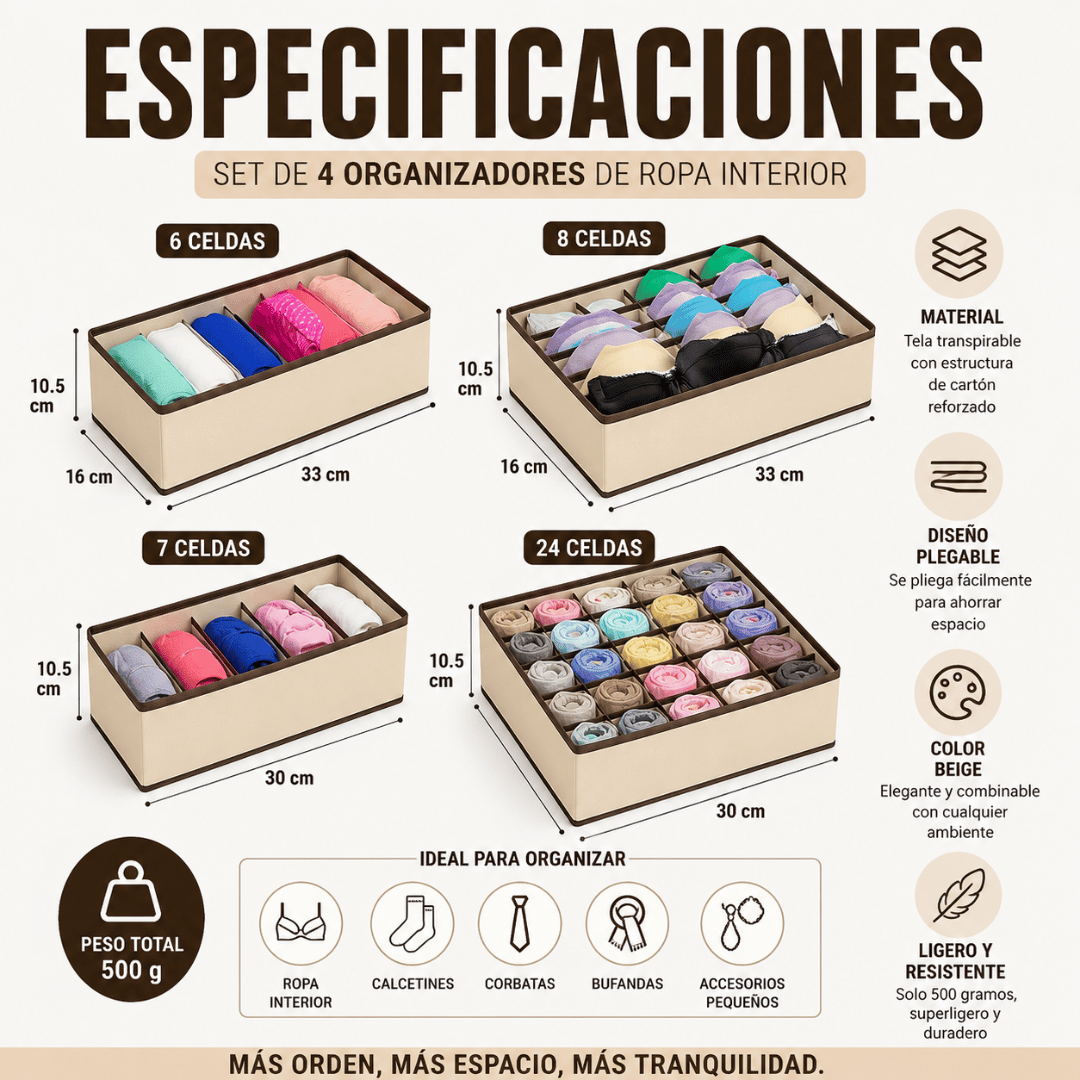 Set De 4 Organizadores De Ropa Interior - Mantén tu ropa interior ordenada y siempre al alcance de la mano