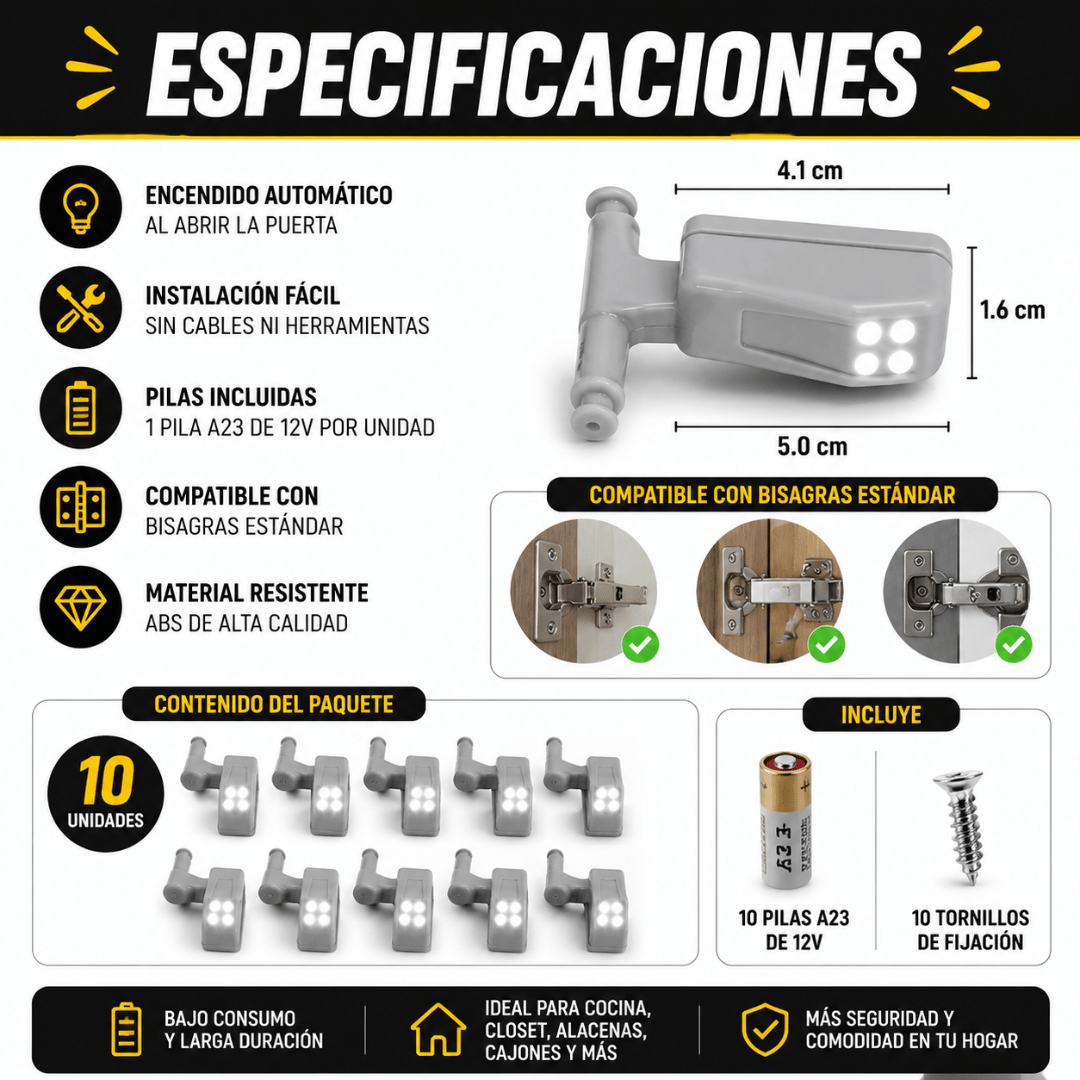 ¡Pack 10 Luces Bisagra LED Para Muebles! - Encuentra lo que buscas al instante, incluso en la oscuridad