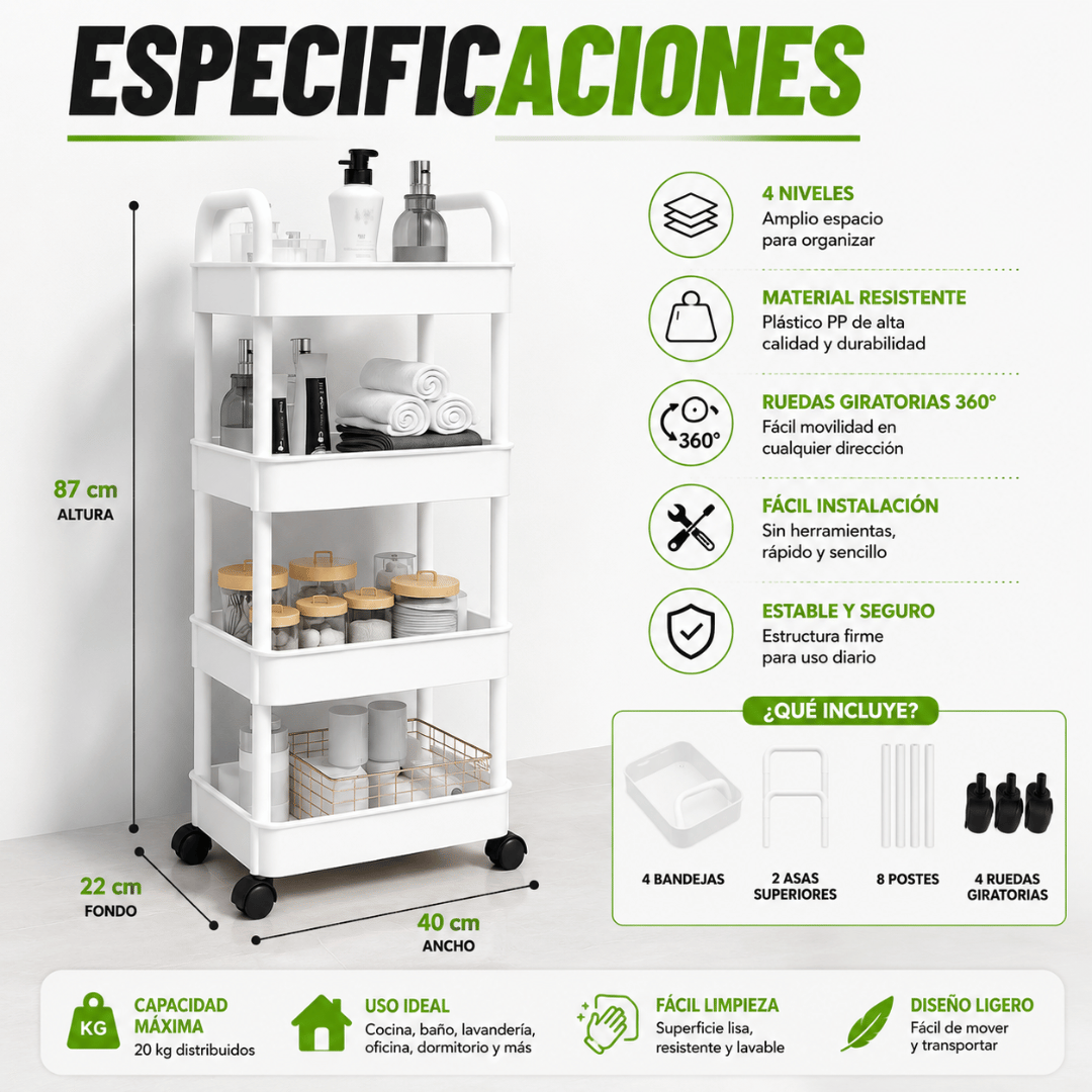 Carrito Organizador Multiuso 4 Niveles - Mantén cada ambiente limpio, ordenado y funcional